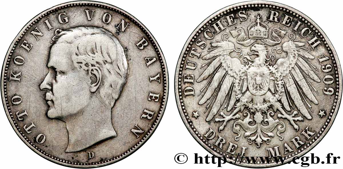 GERMANIA - BAVIERIA 3 Mark Othon Ier 1909 Munich BB 