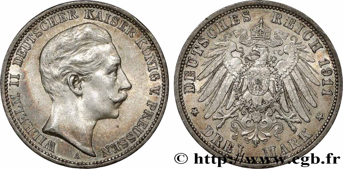 ALEMANIA - PRUSIA 3 Mark Guillaume II  1911 Berlin MBC 