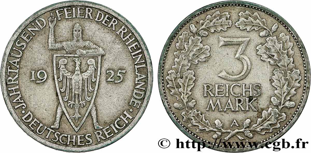 ALLEMAGNE 3 Reichsmark millénaire de la Rhénanie 1925 Berlin TTB