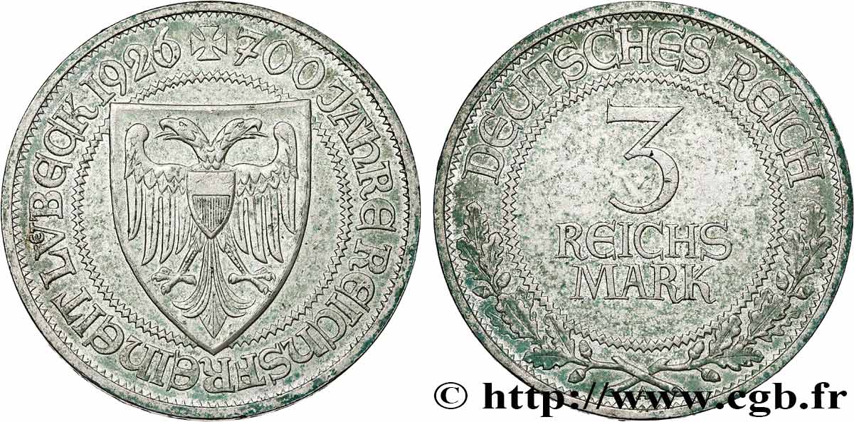 ALLEMAGNE 3 Reichsmark 700 ans du statut de ville libre de Lübeck 1926 Berlin TTB