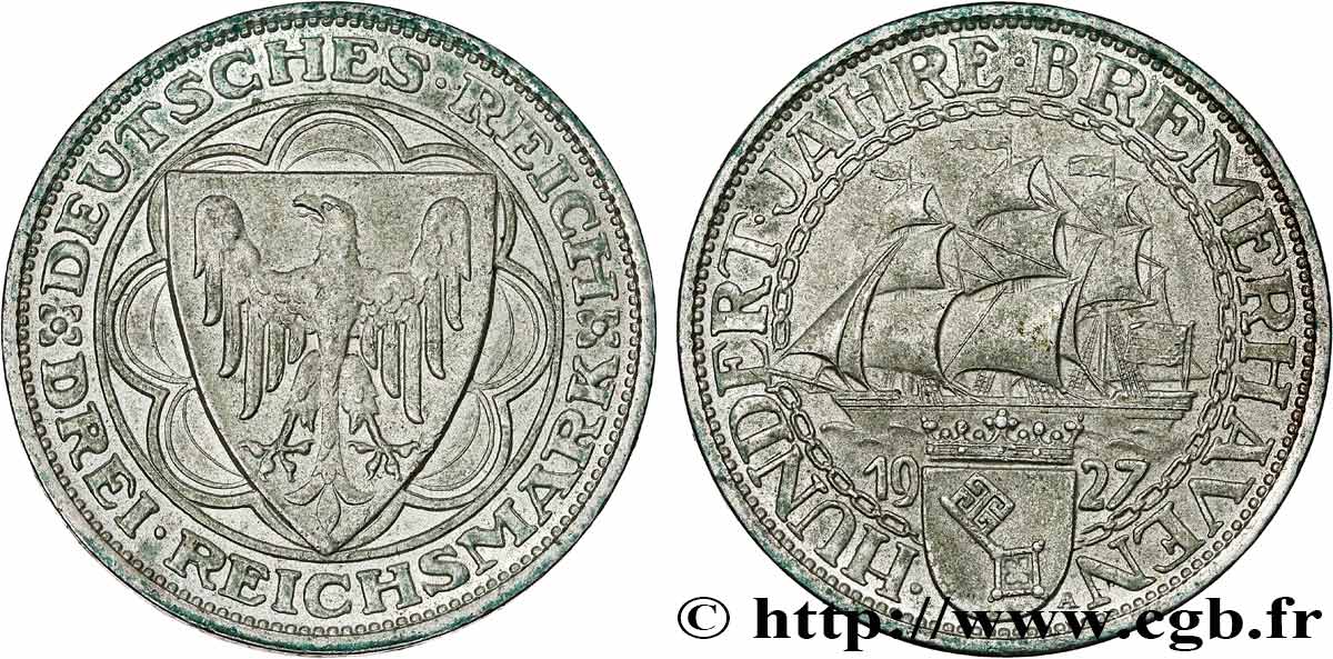 ALLEMAGNE 3 Reichsmark centenaire de la fondation de Bremenhaven 1927 Berlin TTB