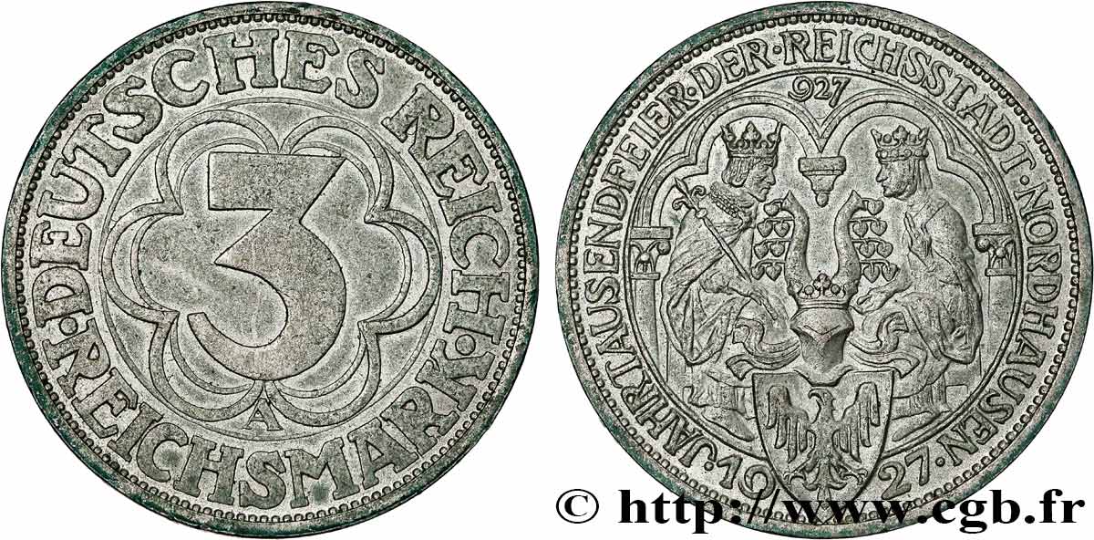 ALLEMAGNE 3 Reichsmark 1000e anniversaire de la fondation de Nordhausen 1927 Berlin TTB