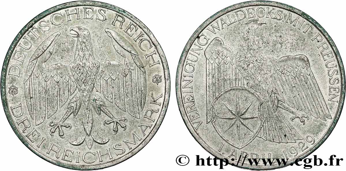 ALLEMAGNE 3 Reichsmark Union de Waldeck avec la Prussie 1929 Berlin TTB