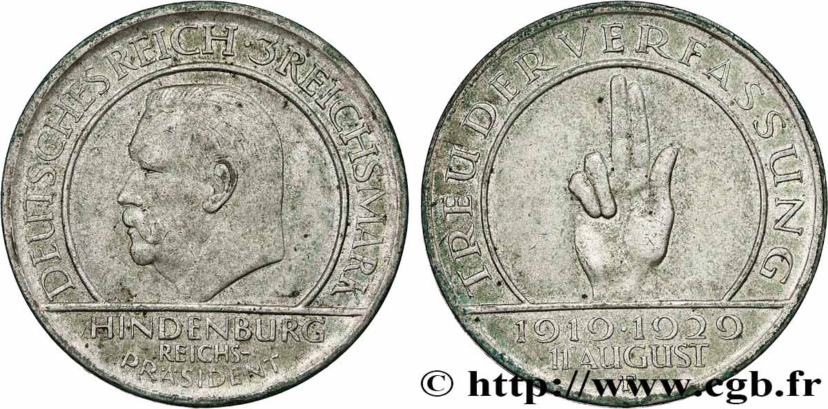 ALLEMAGNE 3 Reichsmark 10e anniversaire de la République 1929 Stuttgart TTB