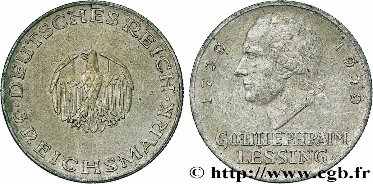 ALLEMAGNE 3 Reichsmark Gotthold Ephraim Lessing 1929 Berlin TTB