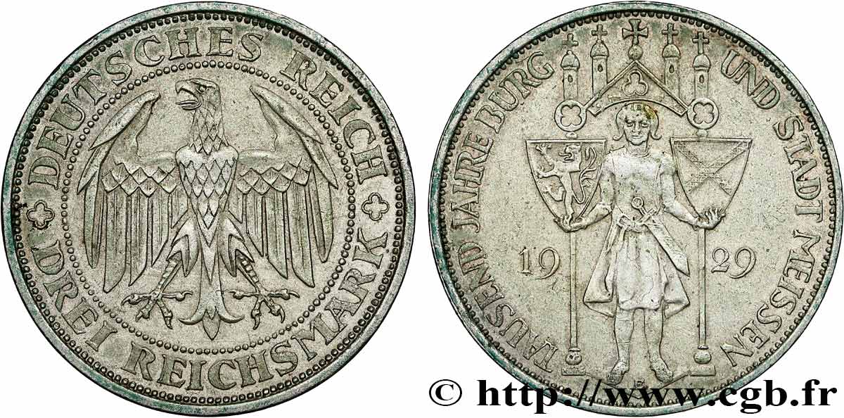 ALLEMAGNE 3 Reichsmark 1000e anniversaire de la fondation de Meissen 1929 TTB