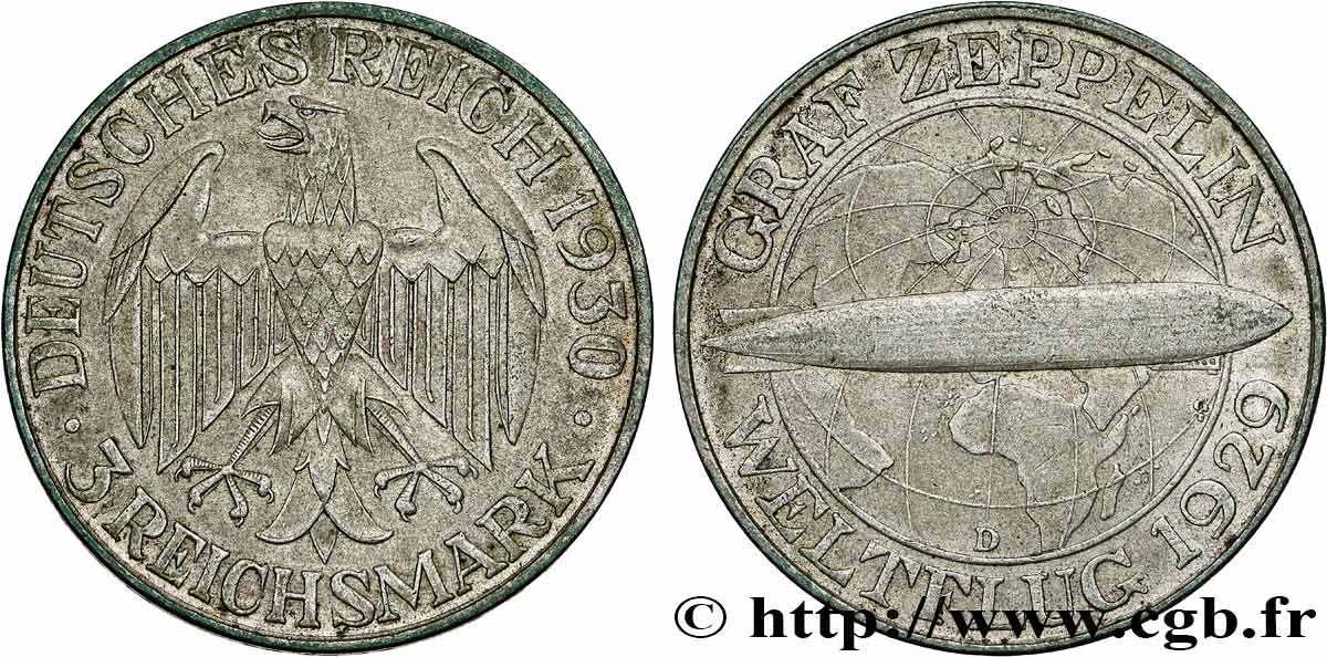 ALLEMAGNE 3 Reichsmark Graf Zeppelin 1930 Munich TTB