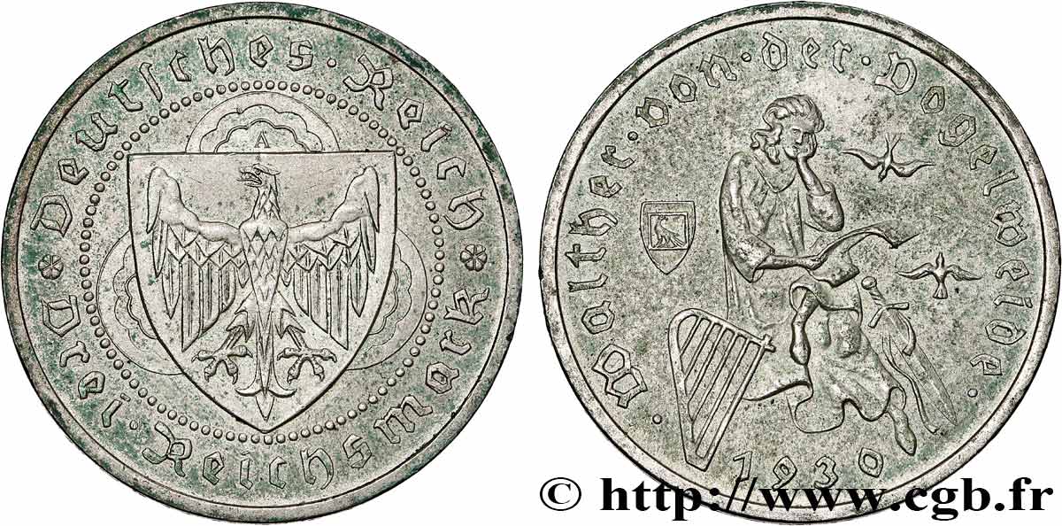 ALLEMAGNE 3 Reichsmark Walther von der Vogelweide 1930 Berlin TTB