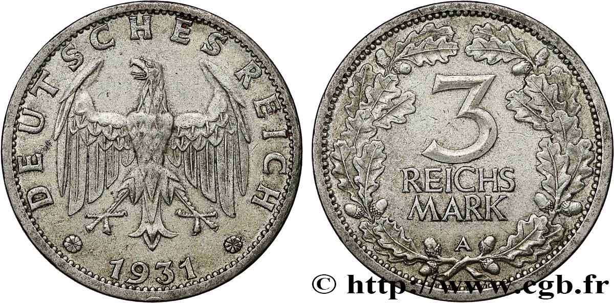ALLEMAGNE 3 Reichsmark 1931 Berlin TTB