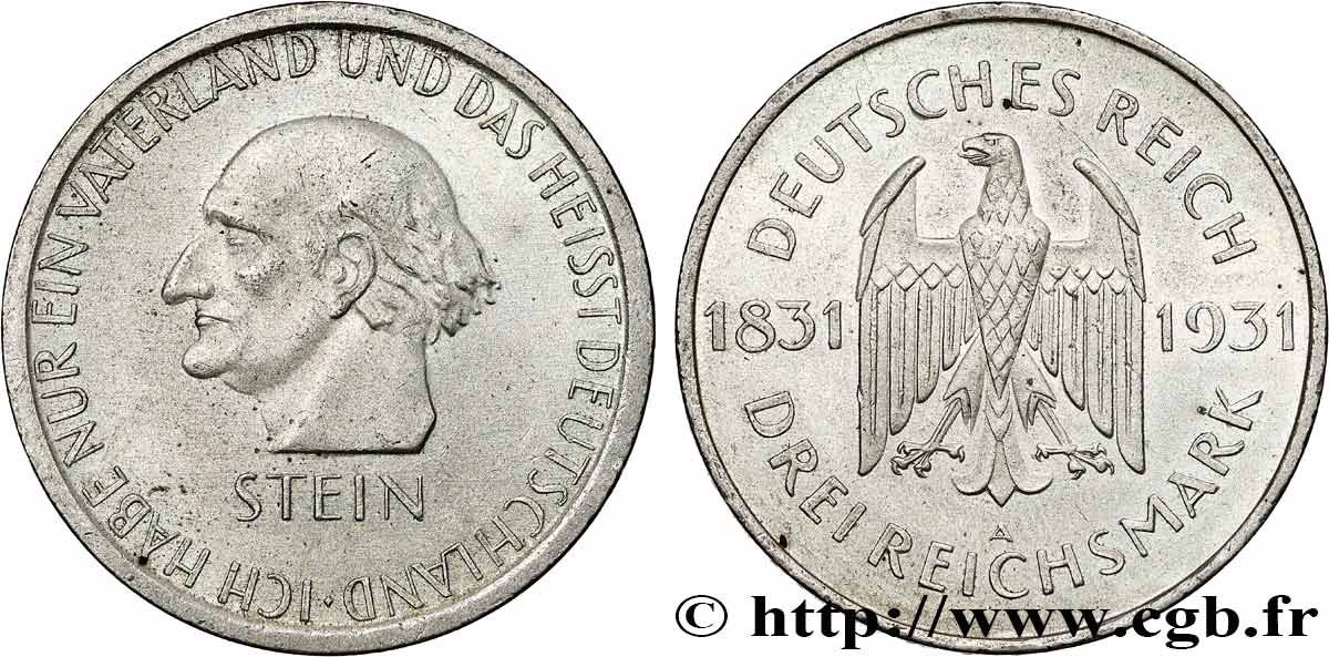 ALLEMAGNE 3 Reichsmark Heinrich Friedrich Karl vom Stein 1931 Berlin TTB+