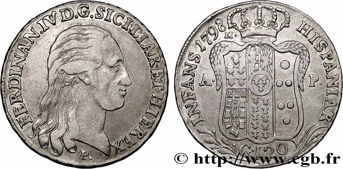 ITALY - KINGDOM OF NAPLES - FERDINAND IV 1 Piastre de 120 Grana 1798 Naples XF 