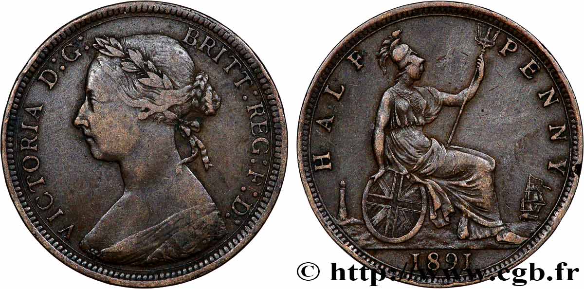 UNITED KINGDOM 1/2 Penny Victoria 1891  XF 