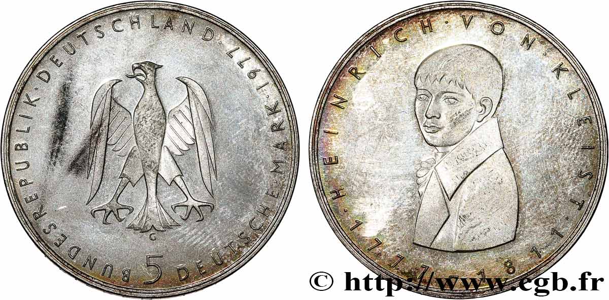 GERMANY 5 Mark proof Heinrich von Kleist 1977 Karlsruhe AU