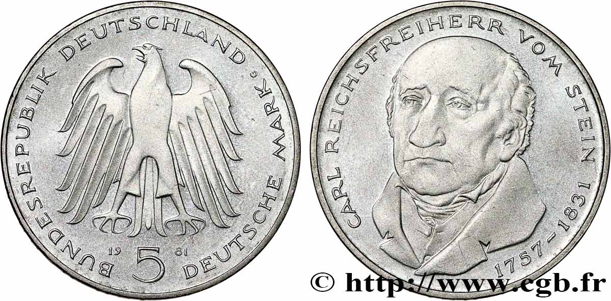 GERMANY 5 Mark le baron Heinrich Friedrich Karl vom und zum Stein 1981 Karlsruhe AU