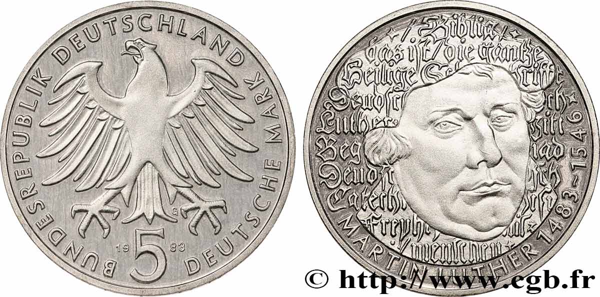 GERMANY 5 Mark Proof Martin Luther 1983 Karlsruhe MS 