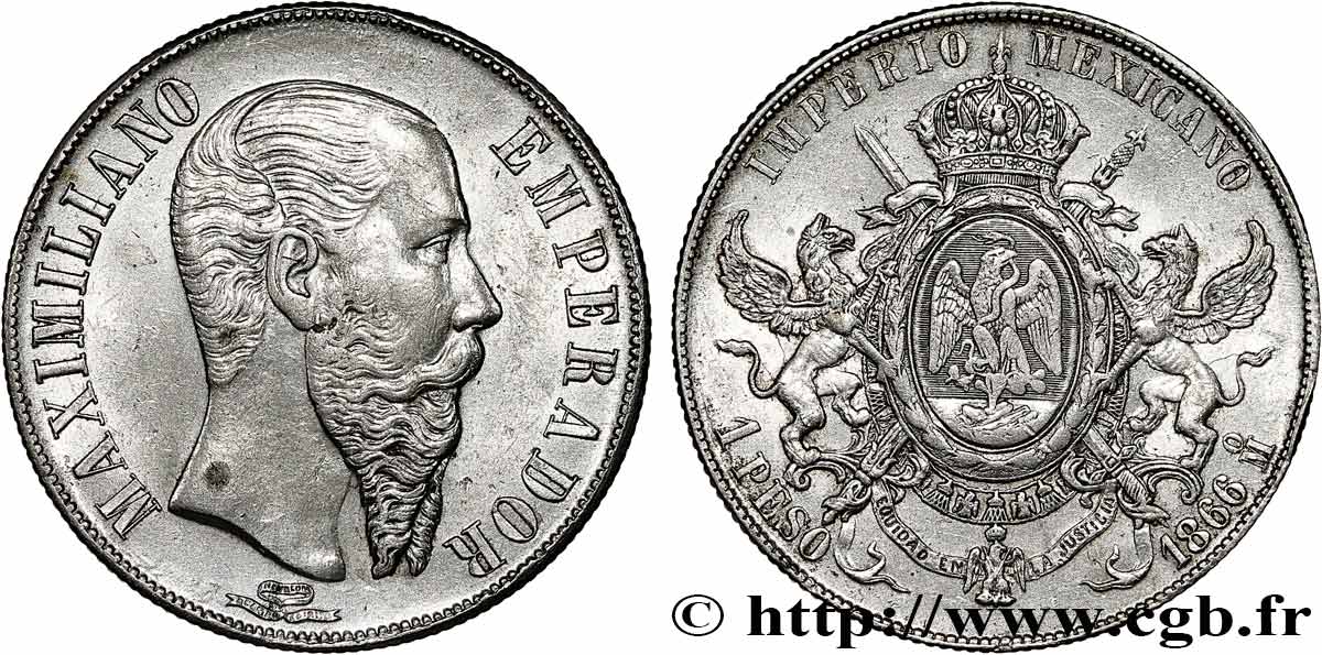 MEXICO - MAXIMILIAN I 1 Peso  1866 Mexico XF 