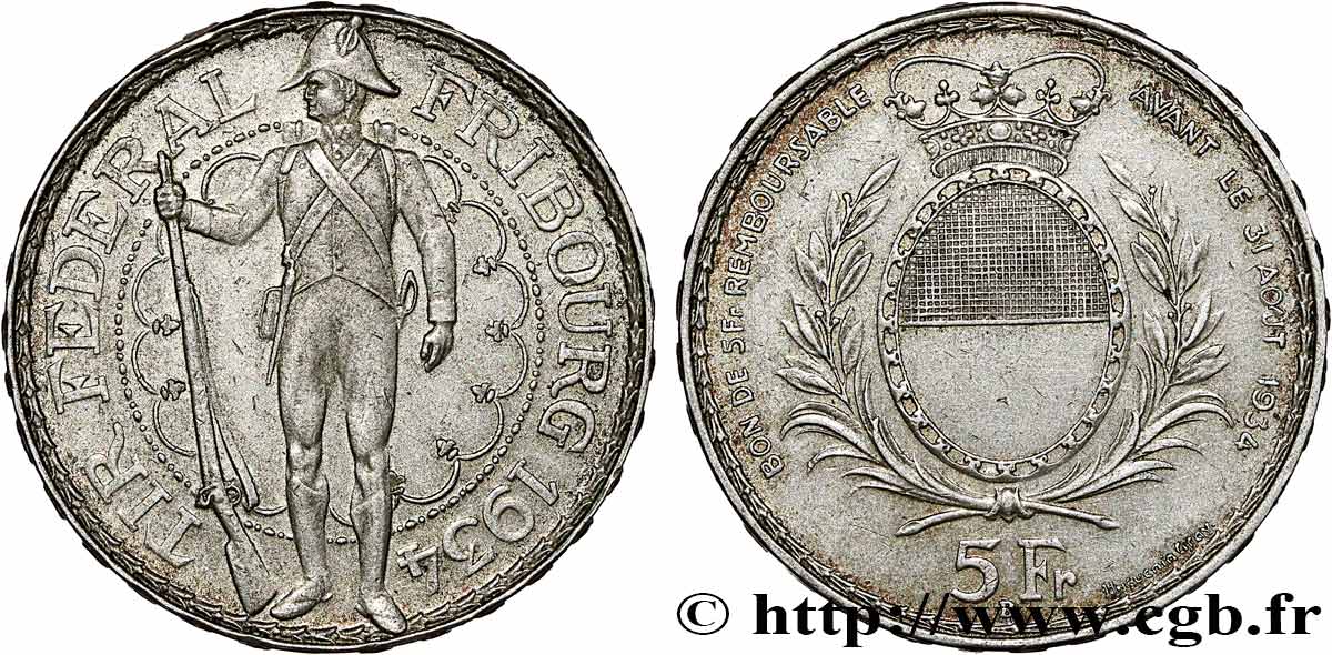 SUISSE 5 Francs, monnaie de Tir, Fribourg 1934 Le Locle TTB+