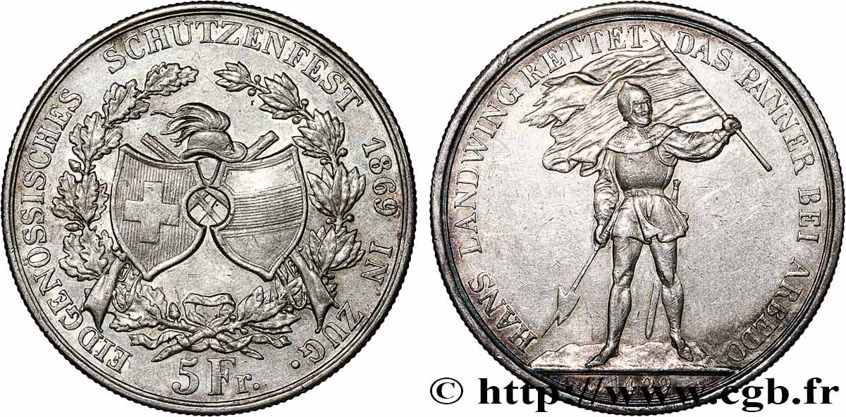 SWITZERLAND 5 Francs, monnaie de Tir, Zoug 1869  XF 