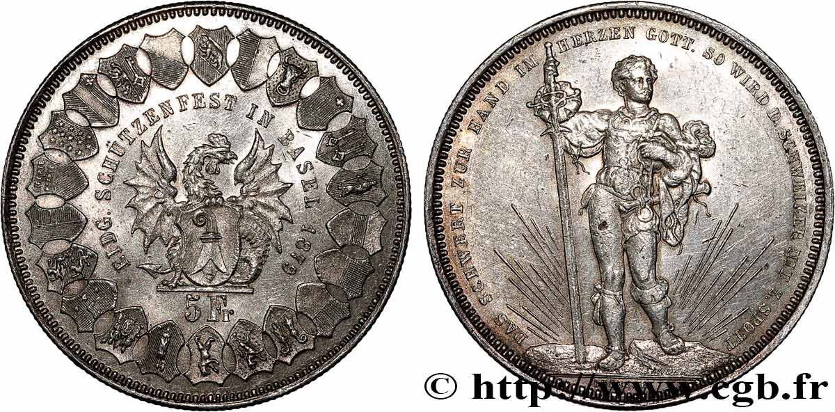 SUISSE 5 Francs, monnaie de Tir, Bâle 1879  TTB 