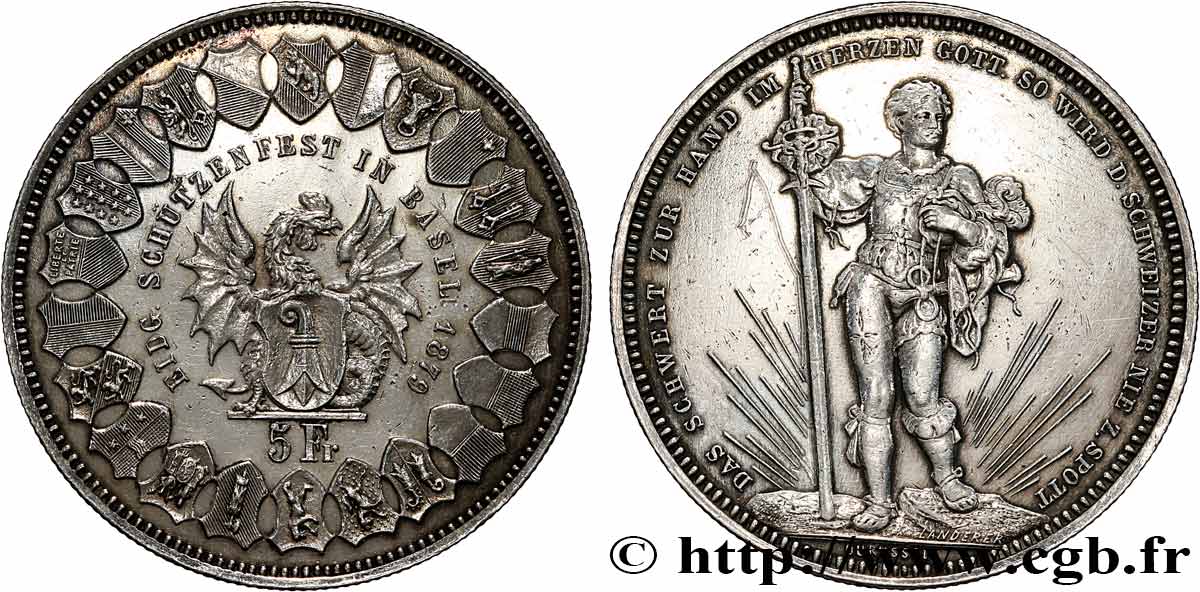 SUISSE 5 Francs, monnaie de Tir, Bâle 1879  TTB 