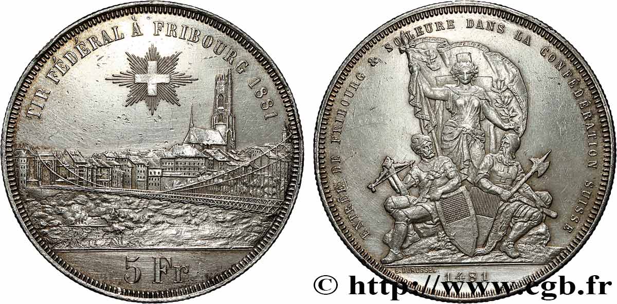 SWITZERLAND 5 Francs, monnaie de Tir, Fribourg 1881  AU 