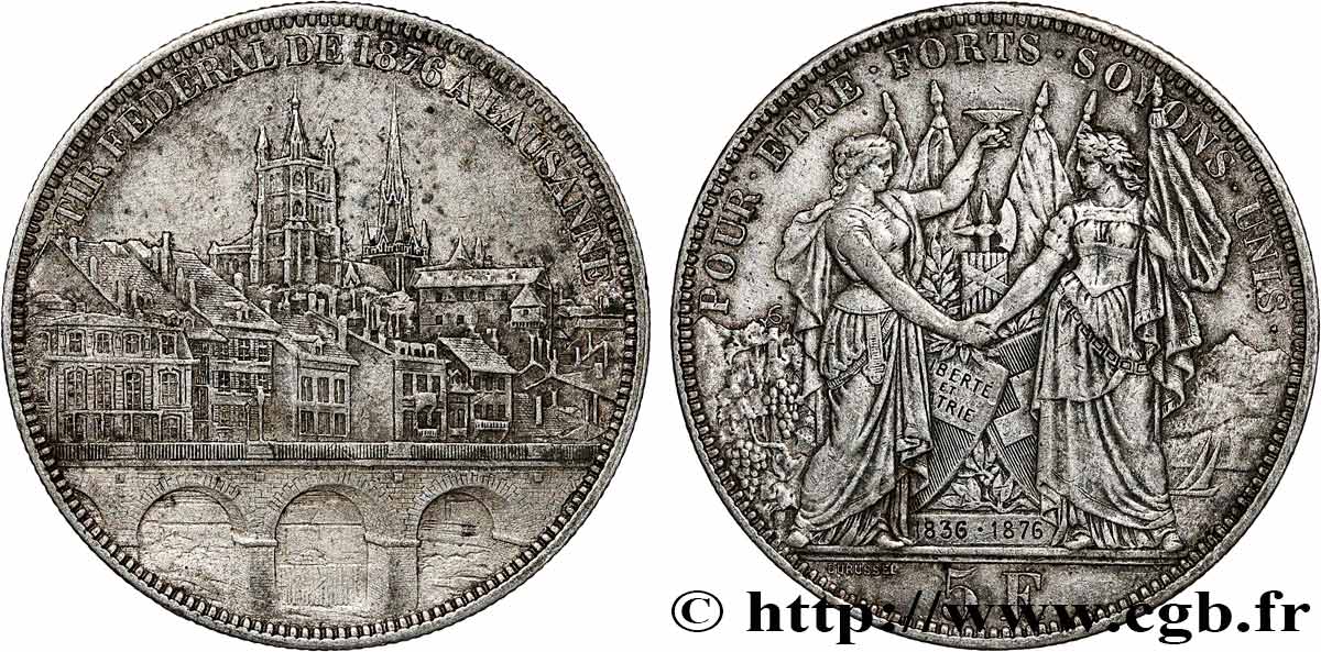 SWITZERLAND 5 Francs, monnaie de Tir, Lausanne 1876  XF 