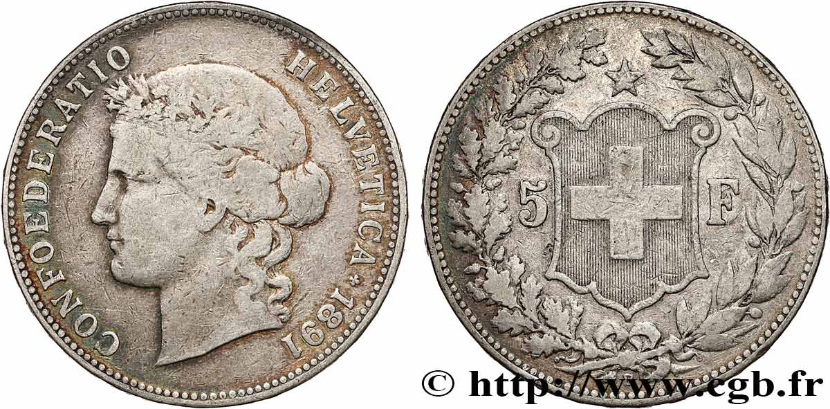 SWITZERLAND 5 Francs Helvetia 1891 Berne VF 