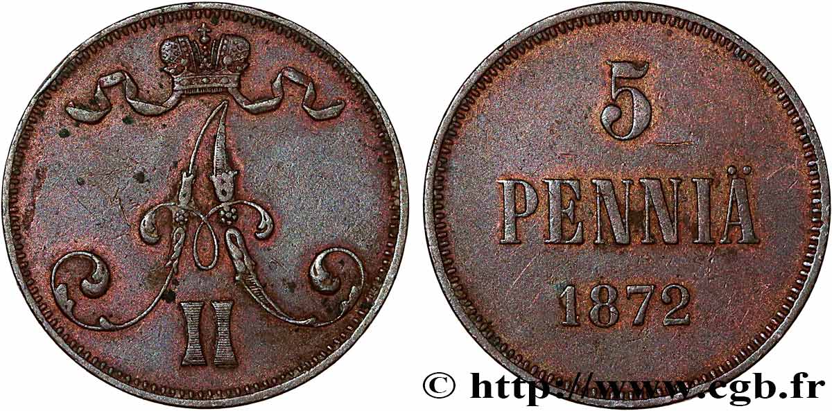 FINLAND 5 Pennia Alexandre II 1872  XF 