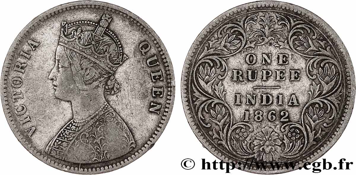 INDES BRITANNIQUES 1 Roupie Victoria 1862 Calcutta TB+ 