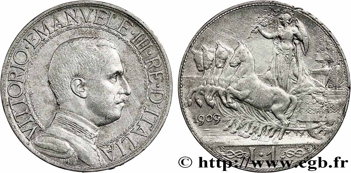 ITALY 1 Lire Victor Emmanuel III 1909 Rome XF 