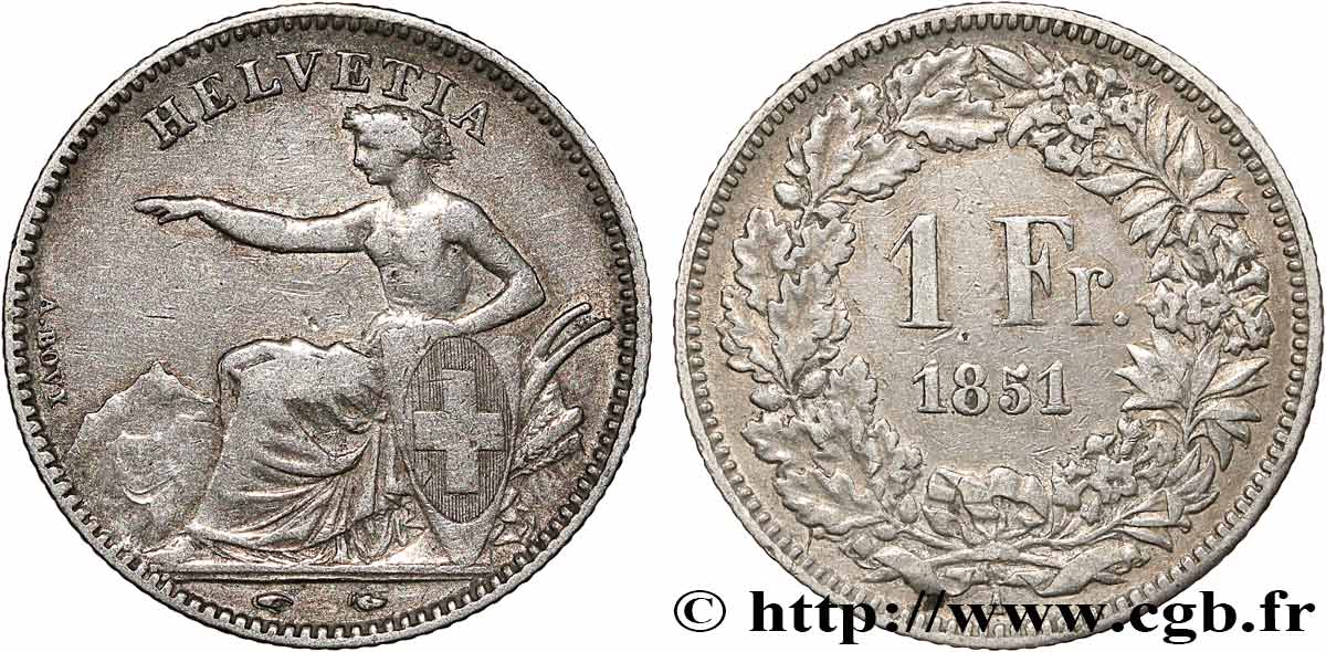 SWITZERLAND 1 Franc Helvetia 1851 Paris VF 