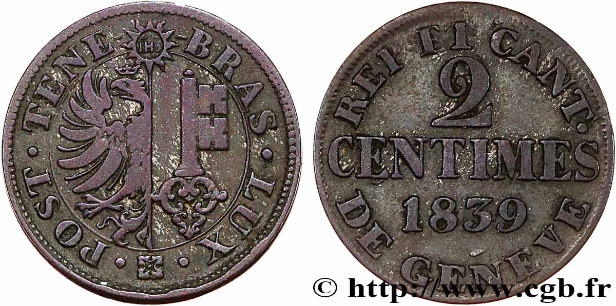 SWITZERLAND - REPUBLIC OF GENEVA 2 Centimes - Canton de Genève 1839  XF 