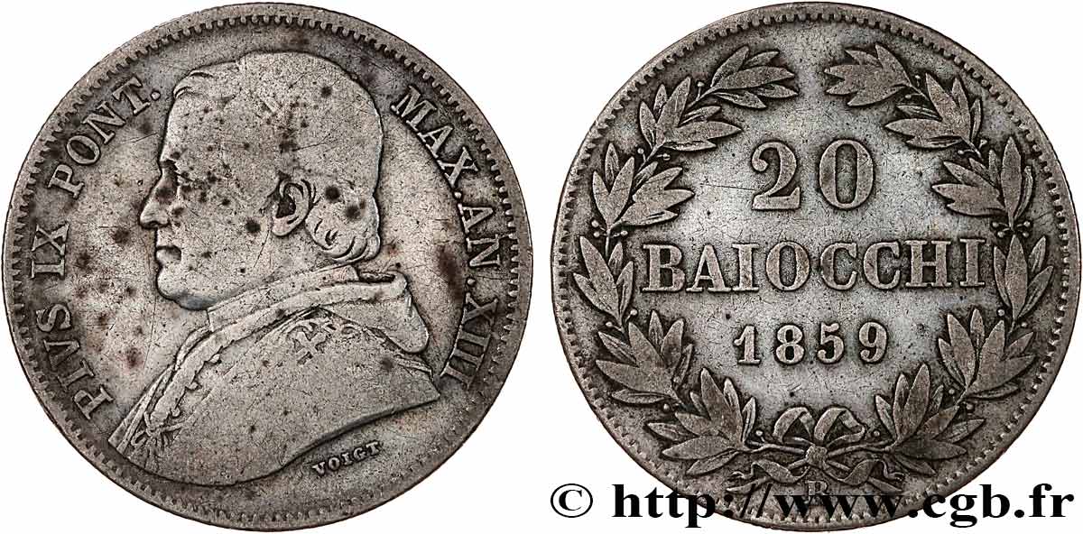 VATICAN AND PAPAL STATES 20 Baiocchi Pie IX an XIII 1859 Rome VF 