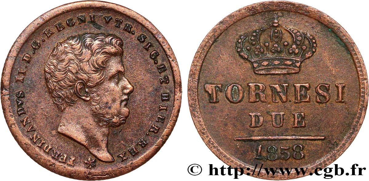 ITALY - KINGDOM OF TWO SICILIES 2 Tornesi Ferdinand II 1858 Naples VF 