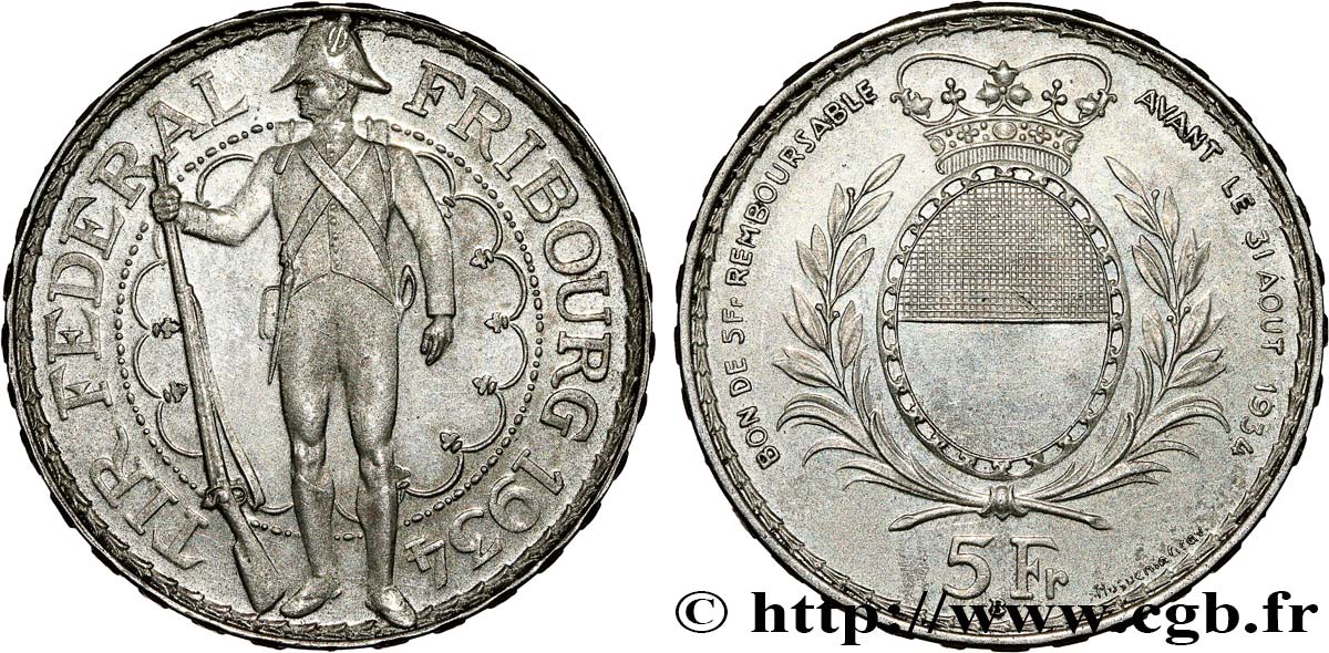 SUISSE 5 Francs, monnaie de Tir, Fribourg 1934 Le Locle TTB+ 
