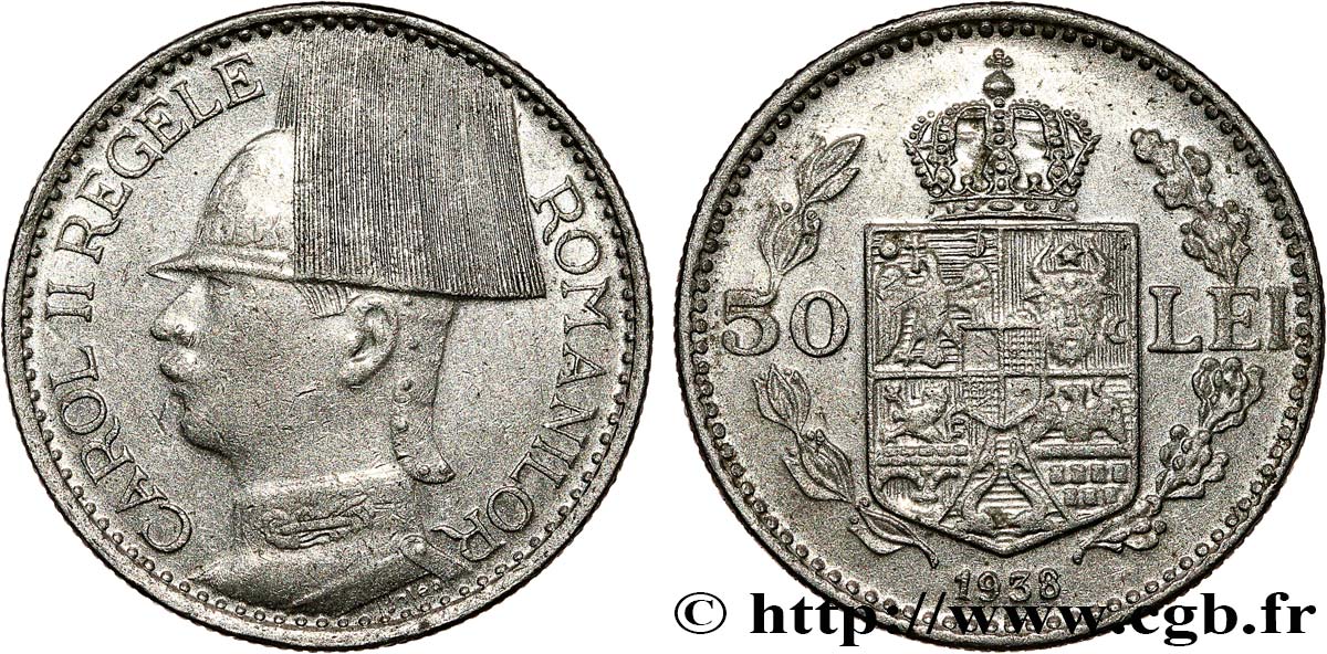 ROMANIA 50 Lei Charles II 1938  XF 