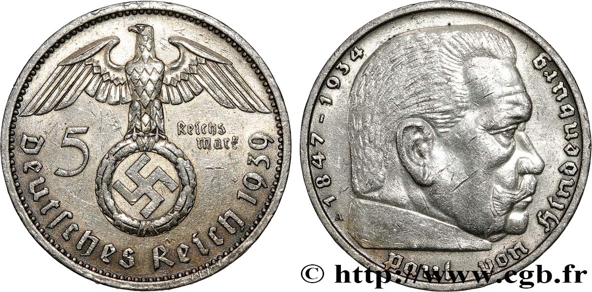 GERMANY 5 Reichsmark Maréchal Paul von Hindenburg 1939 Berlin XF
