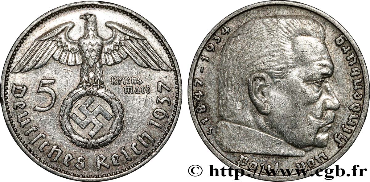 ALLEMAGNE 5 Reichsmark Maréchal Paul von Hindenburg 1937 Hambourg TTB+ 