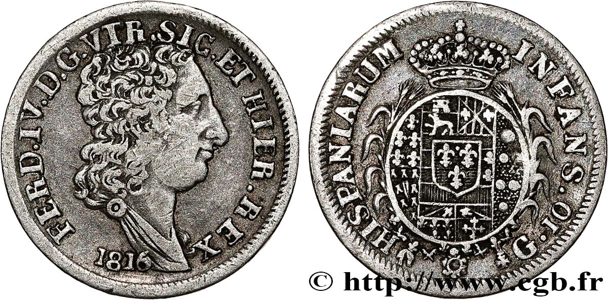 ITALY - KINGDOM OF THE TWO SICILIES - FERDINAND I 1 Carlino de 10 Grana  1816 Naples XF 