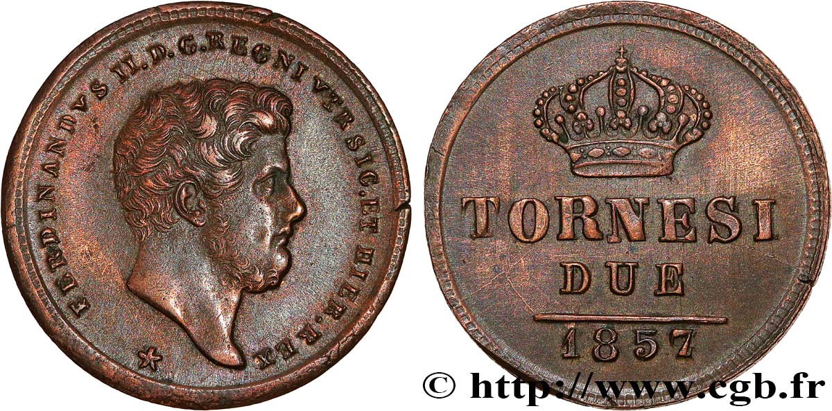 ITALY - KINGDOM OF THE TWO SICILIES 2 Tornesi Royaume des Deux-Siciles, Ferdinand II / écu couronné type à 5 pétales 1857 Naples XF 