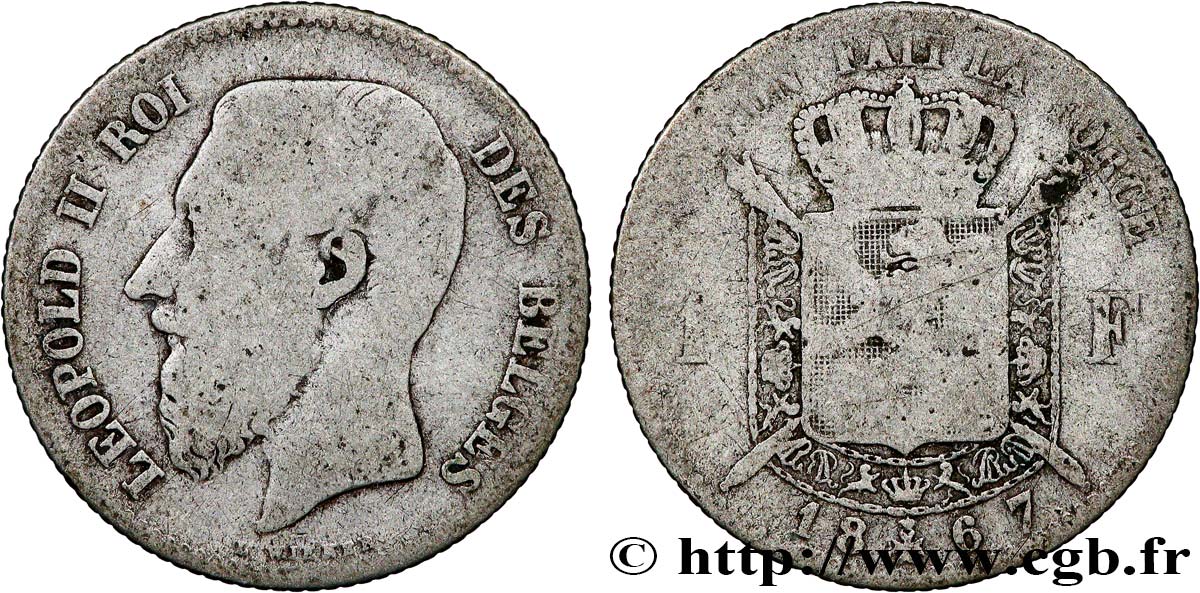 BELGIUM 1 Franc Léopold II légende française 1867 VF