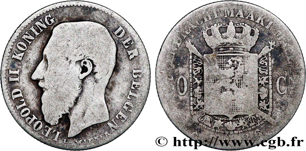 BELGIEN 50 Centiemen (Centimes) Léopold II 1886  SGE
