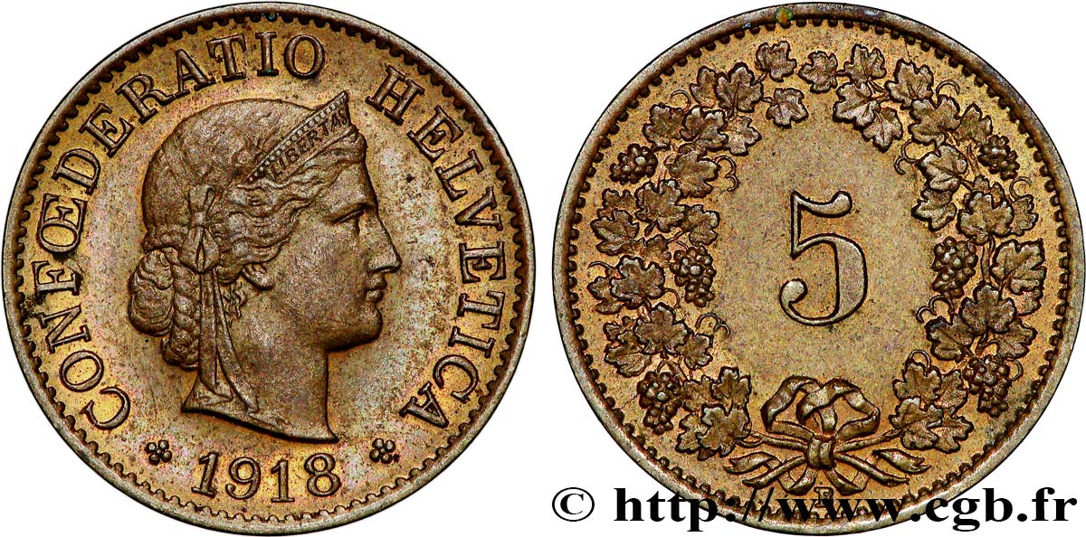 SUISSE 5 Centimes (Rappen) Tête de Libertas 1918 Berne TTB+