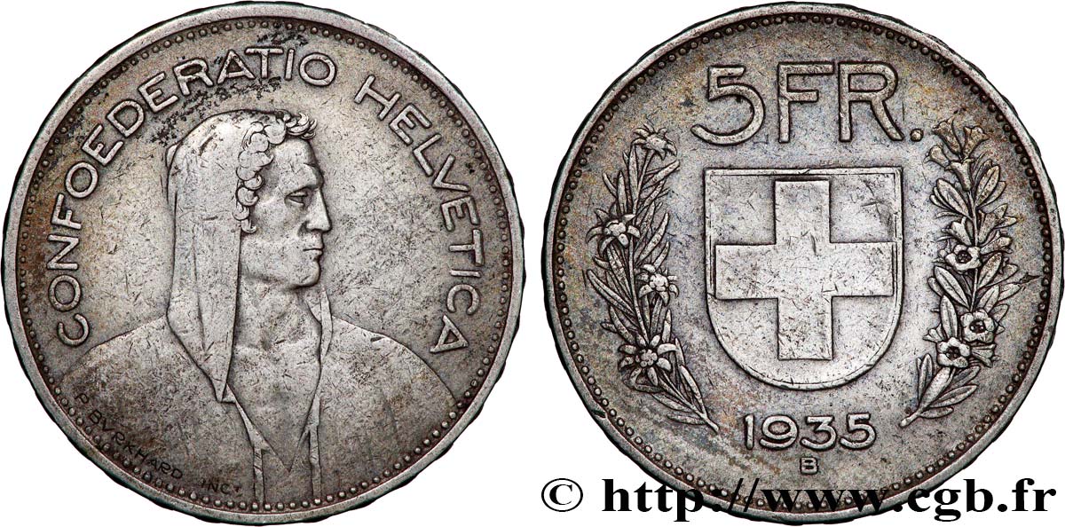 SWITZERLAND 5 Francs Berger des Alpes 1935 Berne XF
