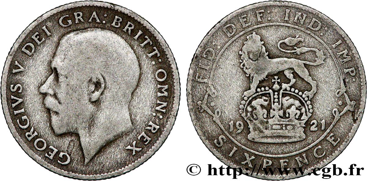 UNITED KINGDOM 6 Pence Georges V / lion surmontant une couronne 1921 VF