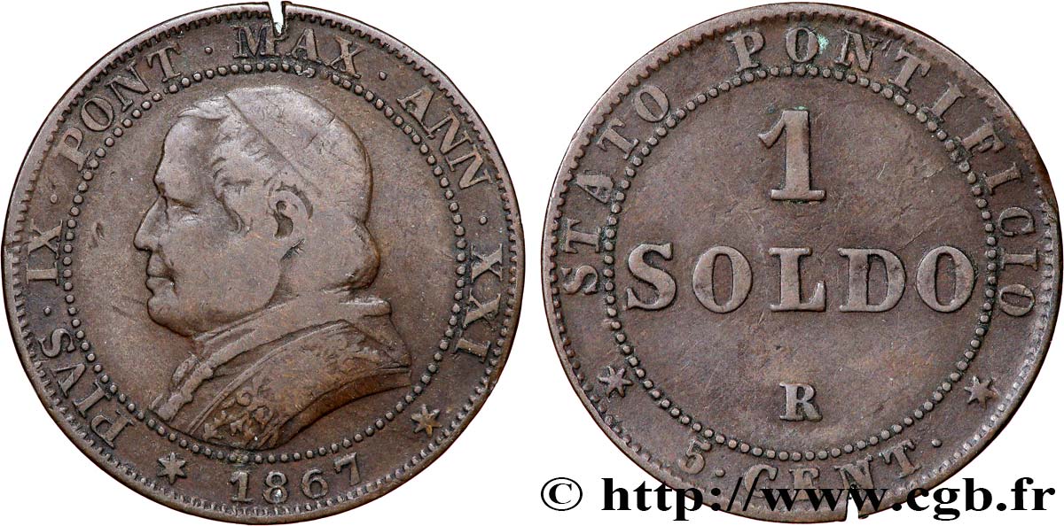 VATICAN ET ÉTATS PONTIFICAUX 1 Soldo an XXI buste large 1867 Rome TB