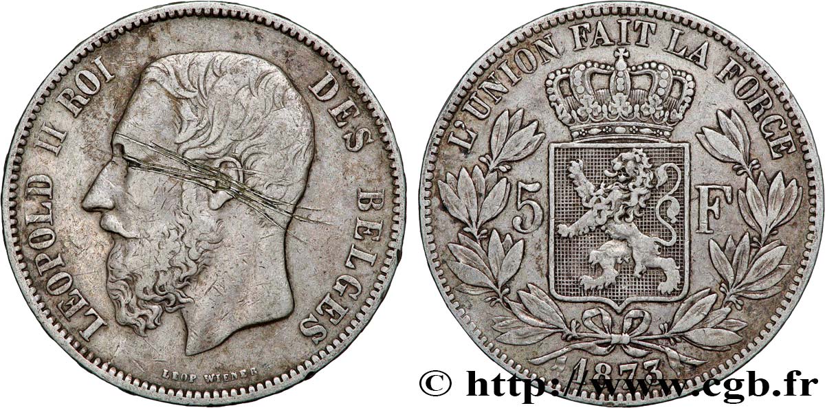 BELGIEN 5 Francs Léopold II 1873  fSS