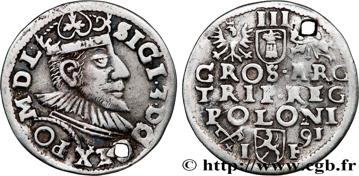 POLOGNE - ROYAUME DE POLOGNE - SIGISMOND III VASA Trois groschen ou trojak koronny 1591 Cracovie TB+