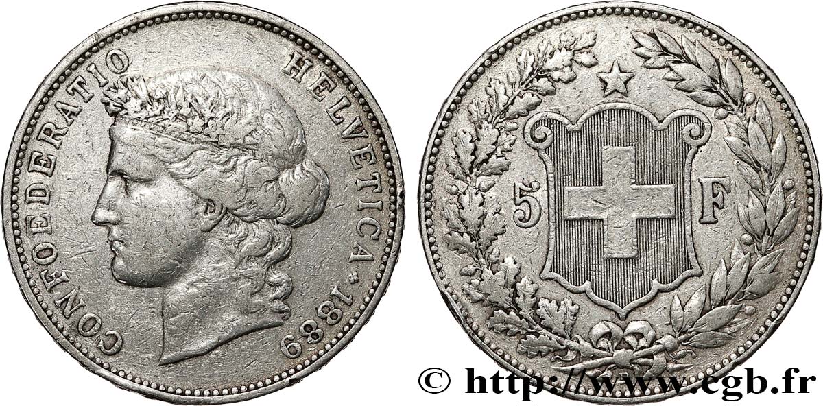 SUISSE 5 Francs Helvetia 1889 Berne TB+ 