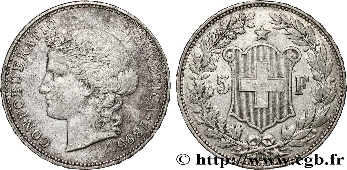 SUISSE - CONFÉDÉRATION HELVÉTIQUE 5 Francs Helvetia 1895 Berne TB+ 